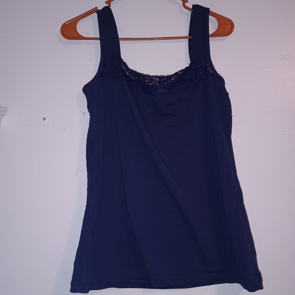 Navy Blue Tank Top with Lace Trim